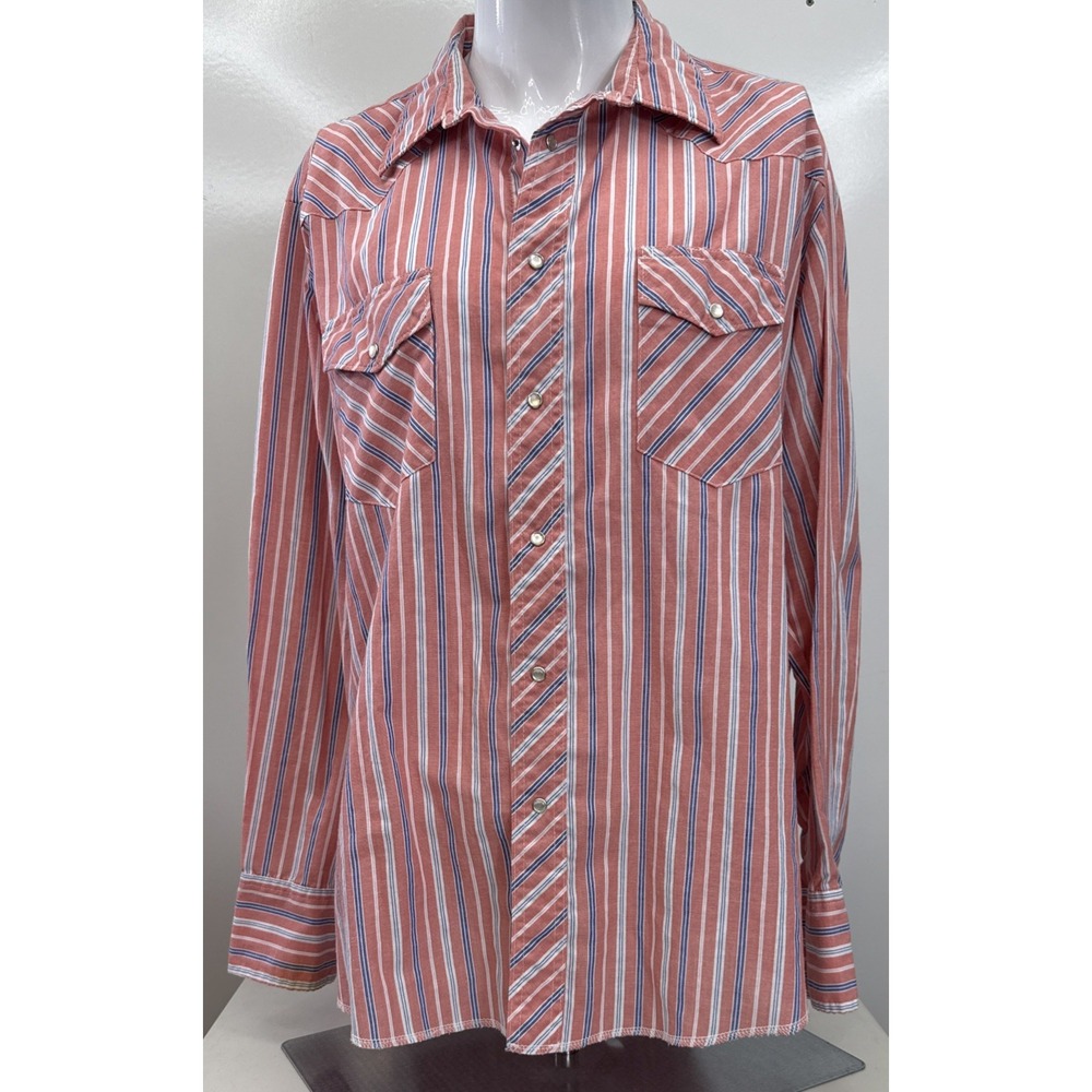 Wrangler Western Pearl Snap Shirt Mens XL Salmon Blue White Stripe Flaw